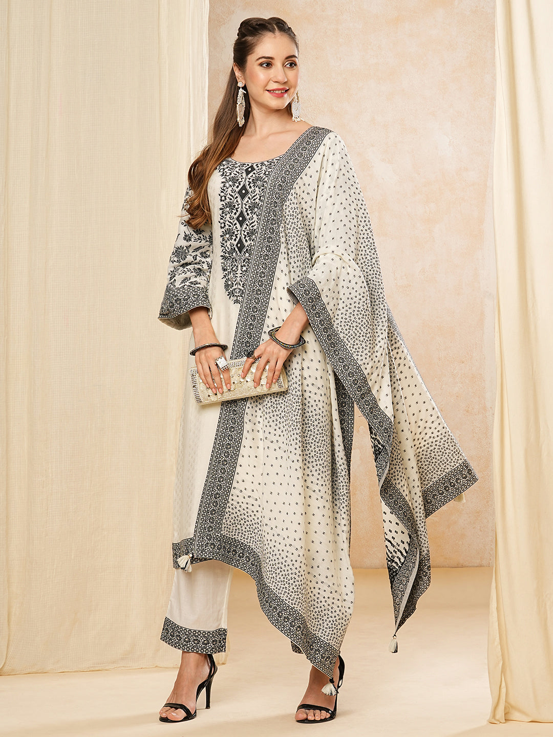 Floral Woven & Embroidered Straight Kurta with Pant & Dupatta - Off White