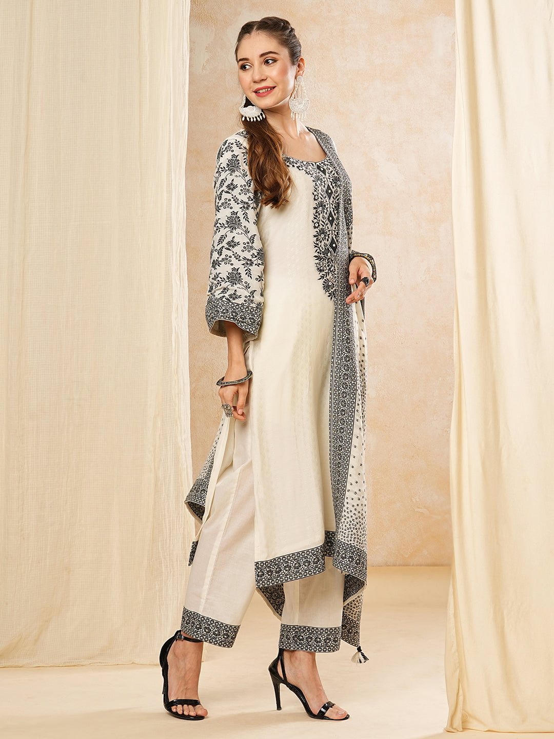 Floral Woven & Embroidered Straight Kurta with Pant & Dupatta - Off White