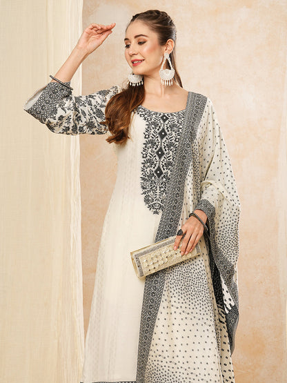 Floral Woven & Embroidered Straight Kurta with Pant & Dupatta - Off White