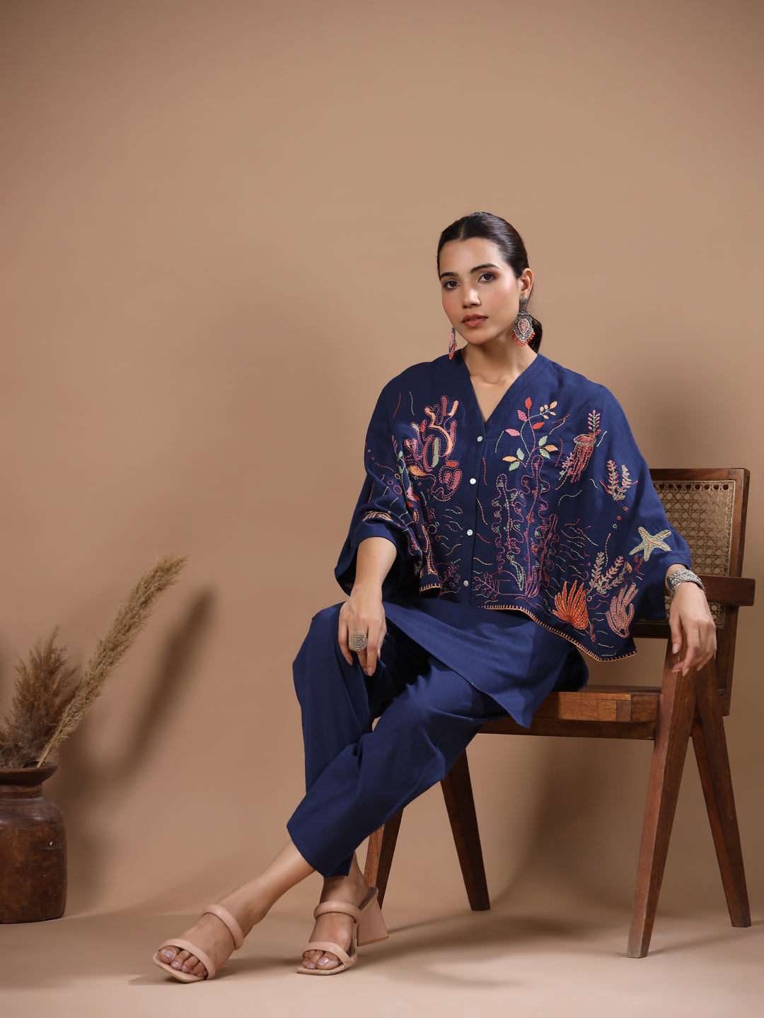 Abstract Thread Kantha Embroidered Kaftan Crop Top Co-ord Set - Blue