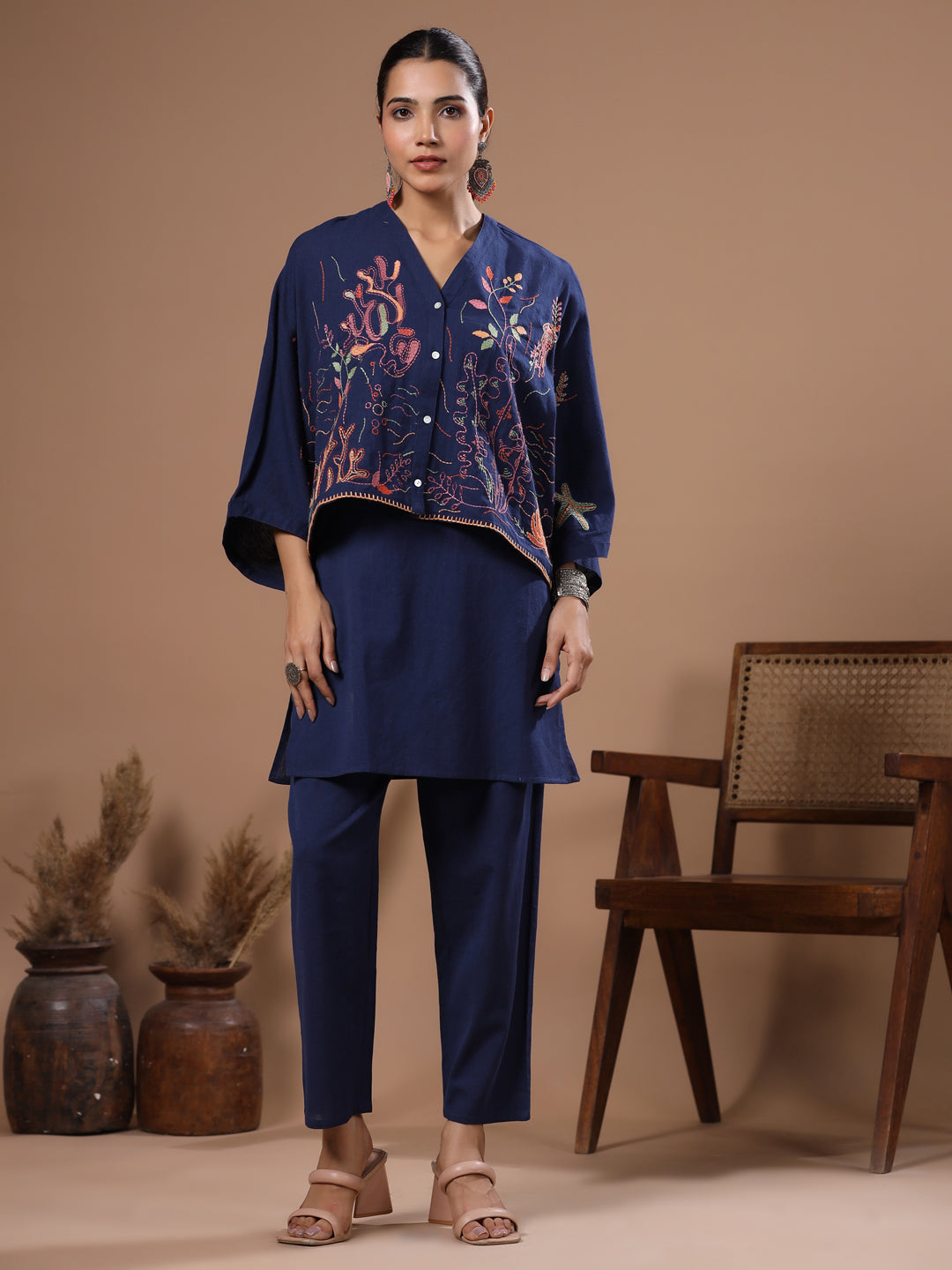 Abstract Thread Kantha Embroidered Kaftan Crop Top Co-ord Set - Blue