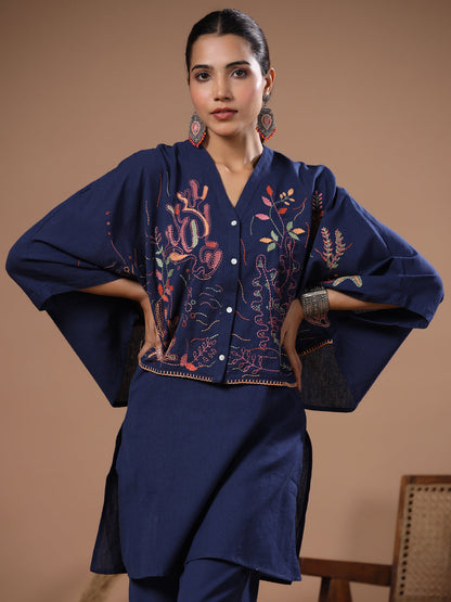 Abstract Thread Kantha Embroidered Kaftan Crop Top Co-ord Set - Blue