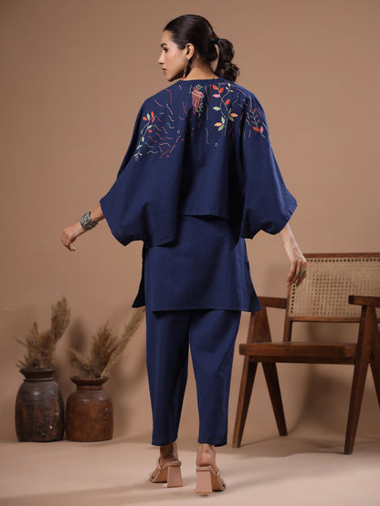 Abstract Thread Kantha Embroidered Kaftan Crop Top Co-ord Set - Blue