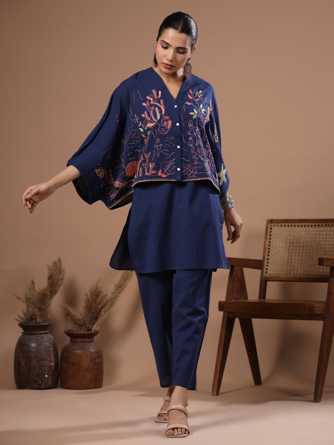 Abstract Thread Kantha Embroidered Kaftan Crop Top Co-ord Set - Blue