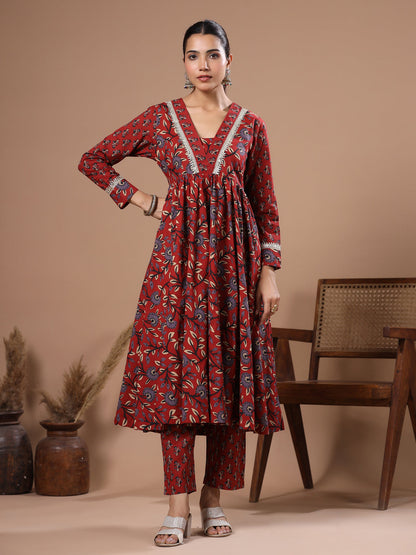 Ethnic Floral Printed & Embroidered A-Line Kurta with Pant - Rust