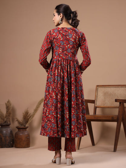 Ethnic Floral Printed & Embroidered A-Line Kurta with Pant - Rust