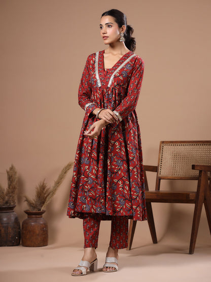 Ethnic Floral Printed & Embroidered A-Line Kurta with Pant - Rust