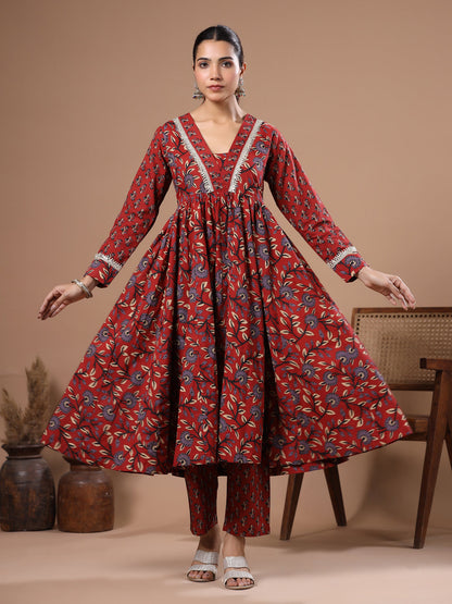 Ethnic Floral Printed & Embroidered A-Line Kurta with Pant - Rust