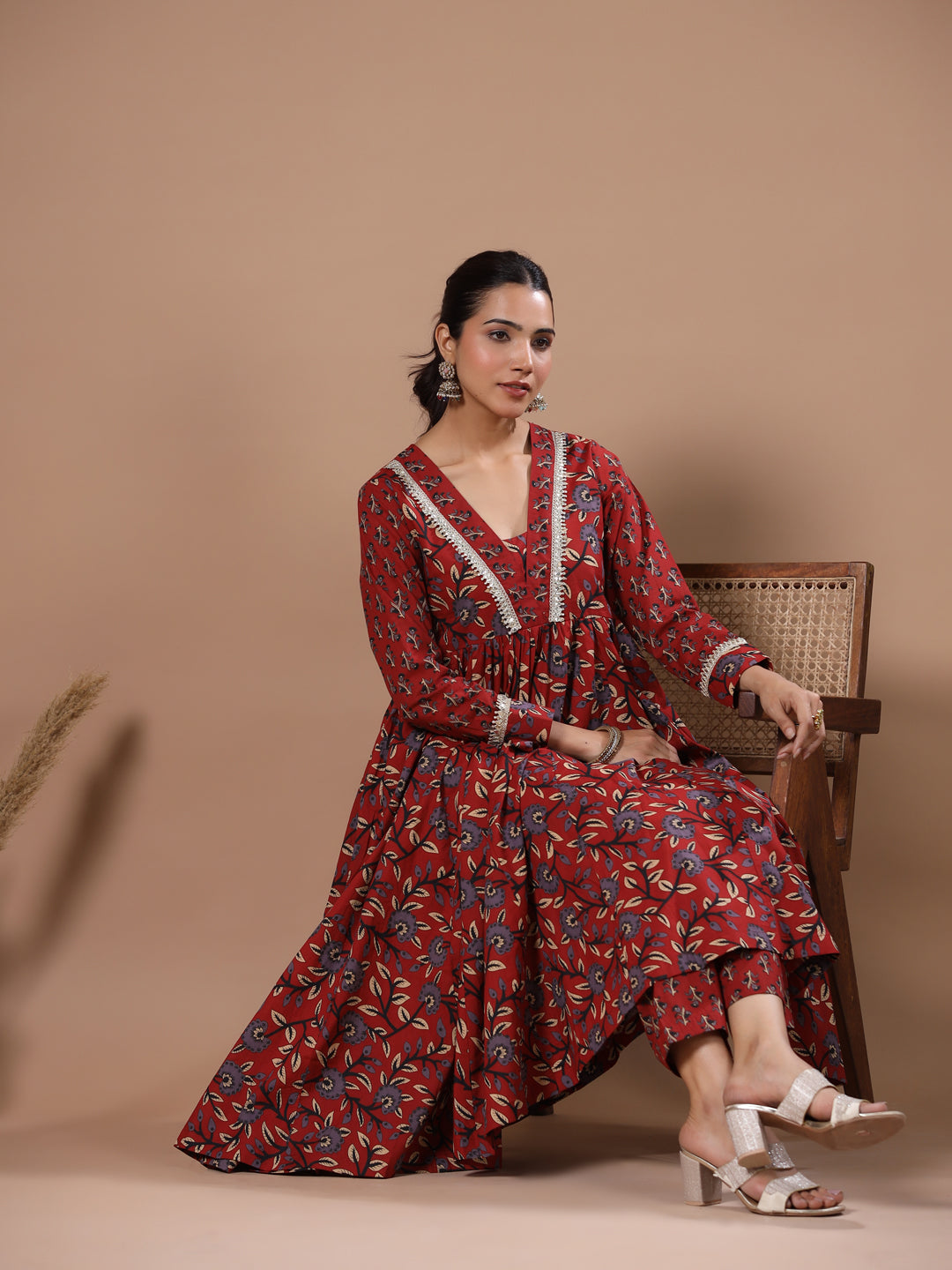 Ethnic Floral Printed & Embroidered A-Line Kurta with Pant - Rust