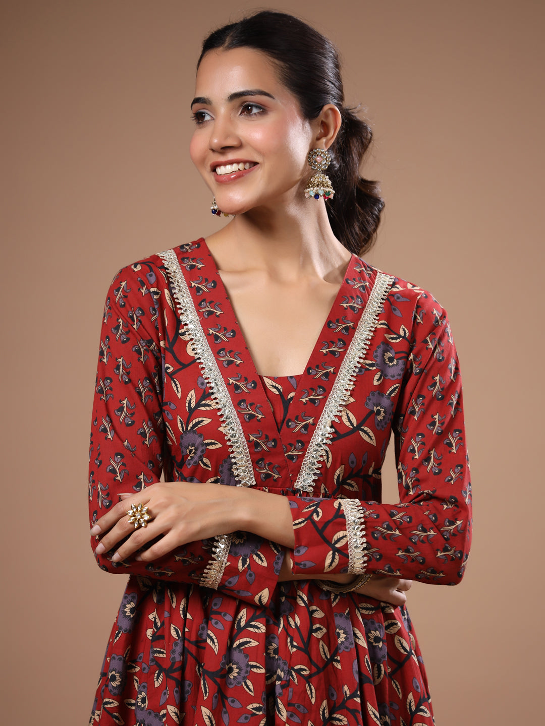 Ethnic Floral Printed & Embroidered A-Line Kurta with Pant - Rust