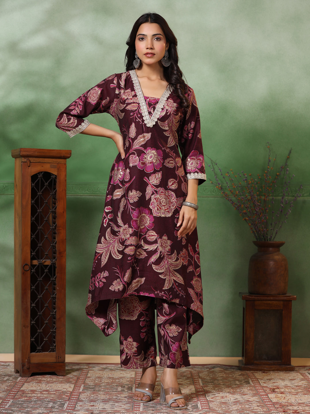 Floral Foil Printed & Embroidered A-Line High-Low Kurta with Pant - Deep Purple