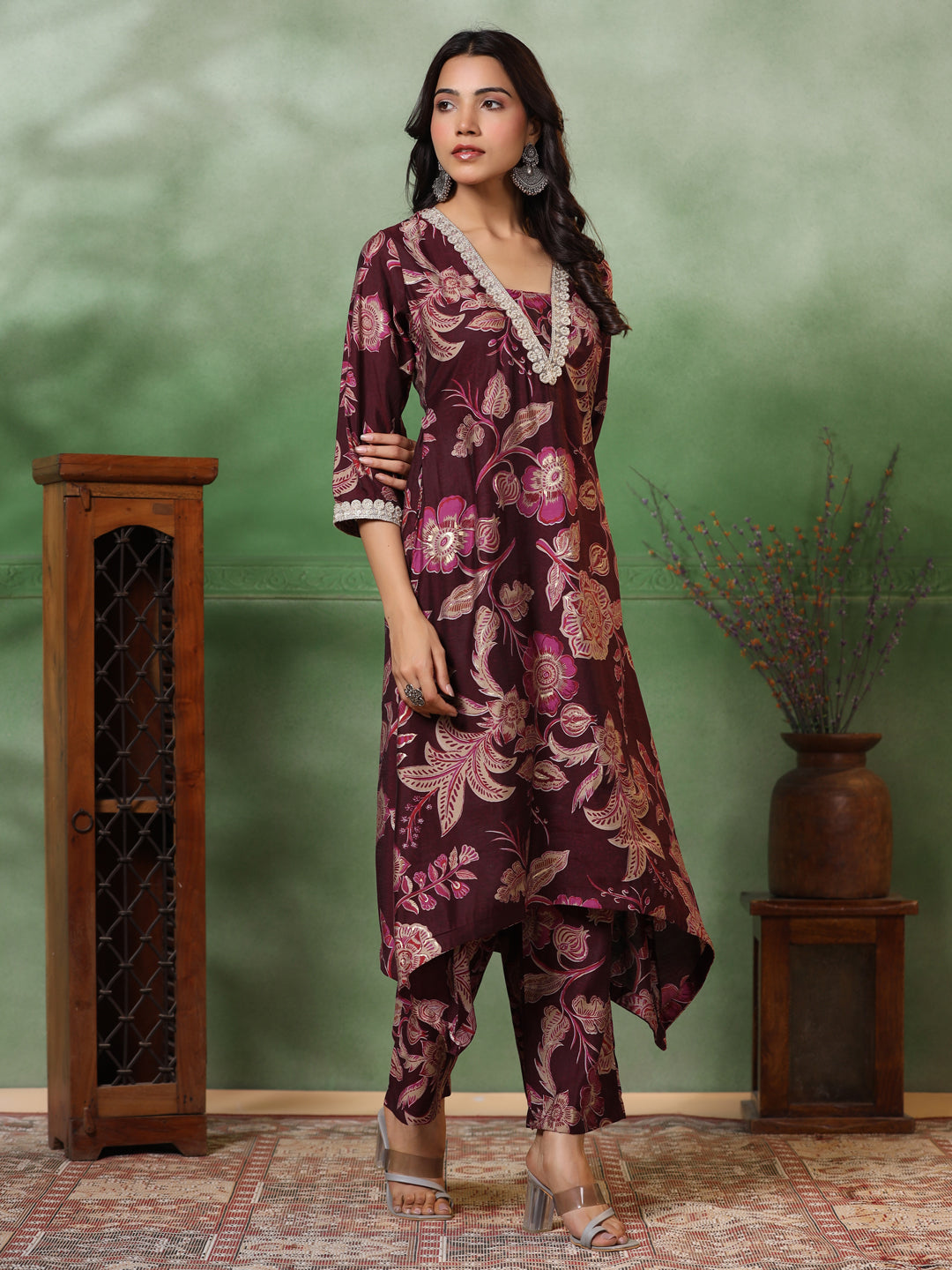 Floral Foil Printed & Embroidered A-Line High-Low Kurta with Pant - Deep Purple