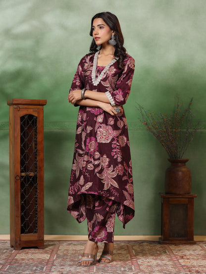 Floral Foil Printed & Embroidered A-Line High-Low Kurta with Pant - Deep Purple