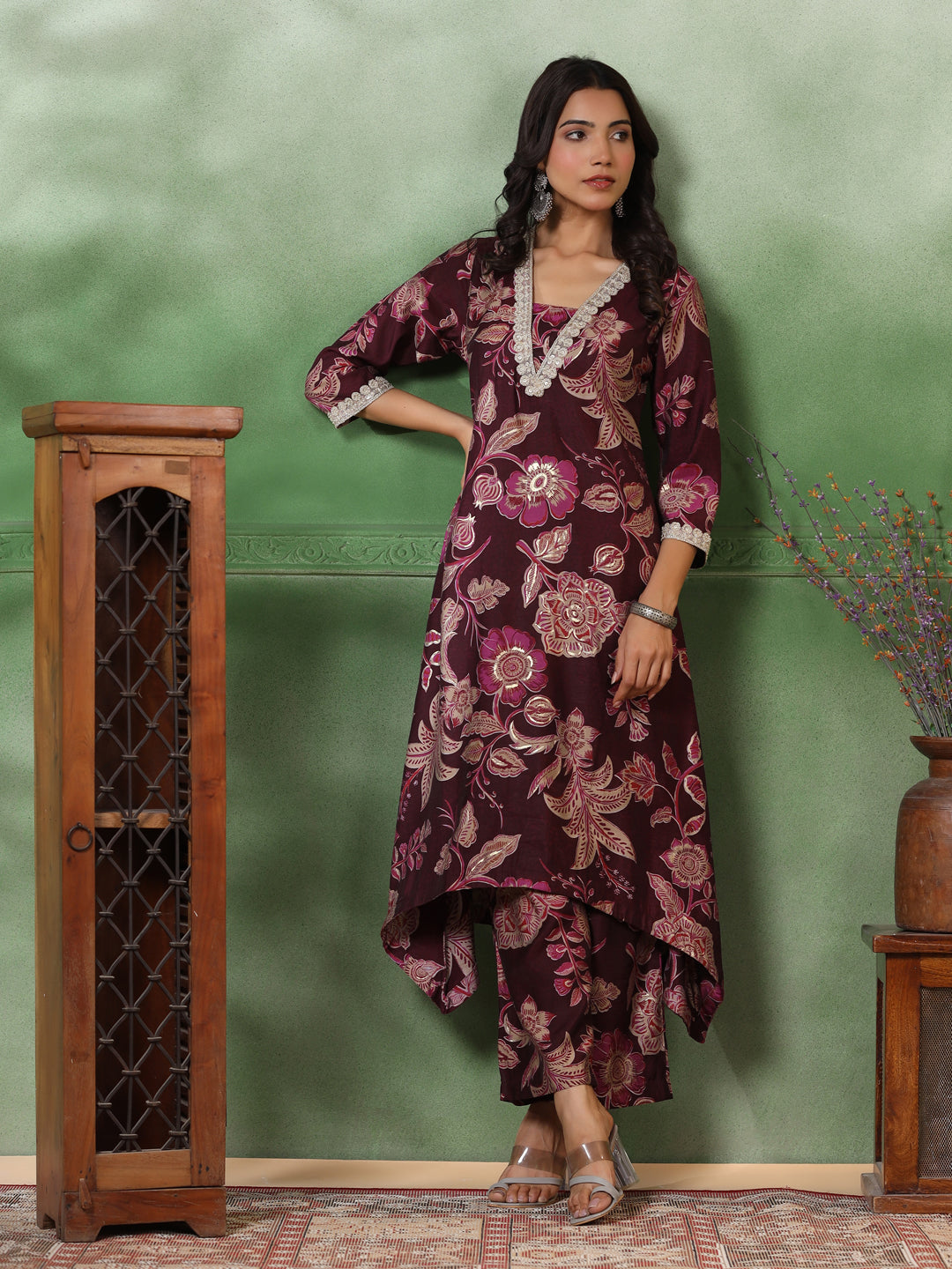 Floral Foil Printed & Embroidered A-Line High-Low Kurta with Pant - Deep Purple