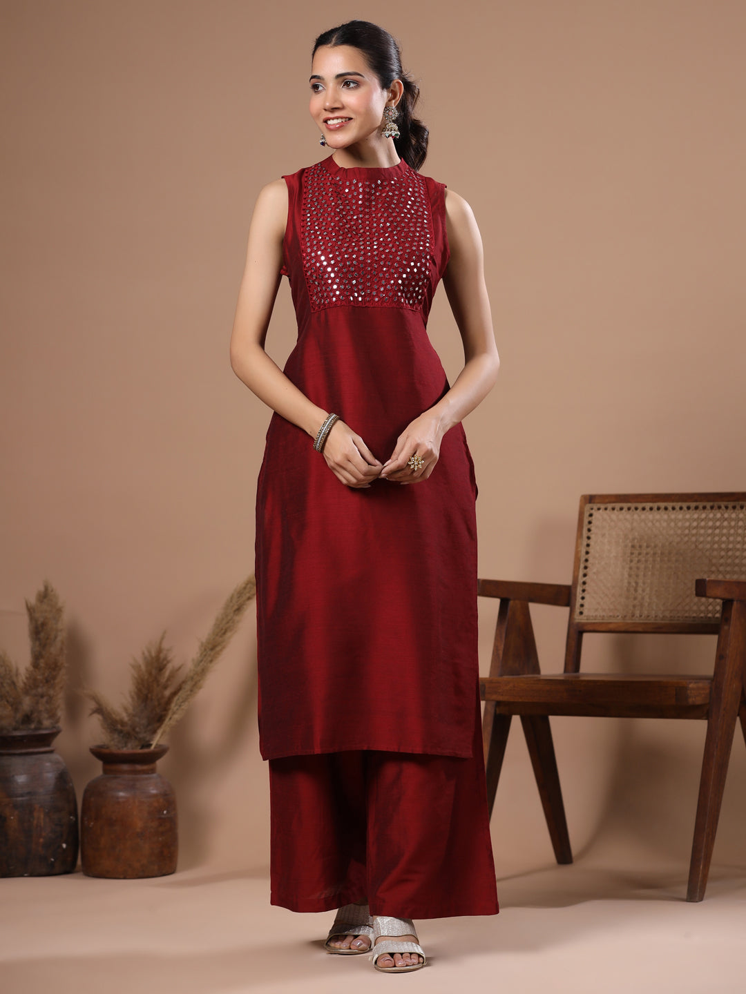 Solid Foil Mirror Embroidered Straight Fit Co-ord Set - Maroon