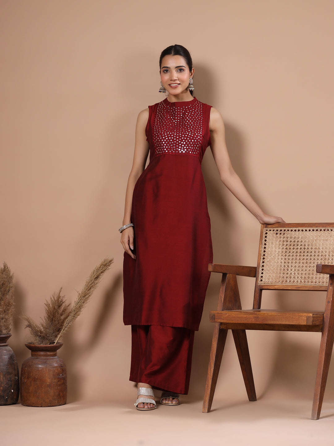 Solid Foil Mirror Embroidered Straight Fit Co-ord Set - Maroon