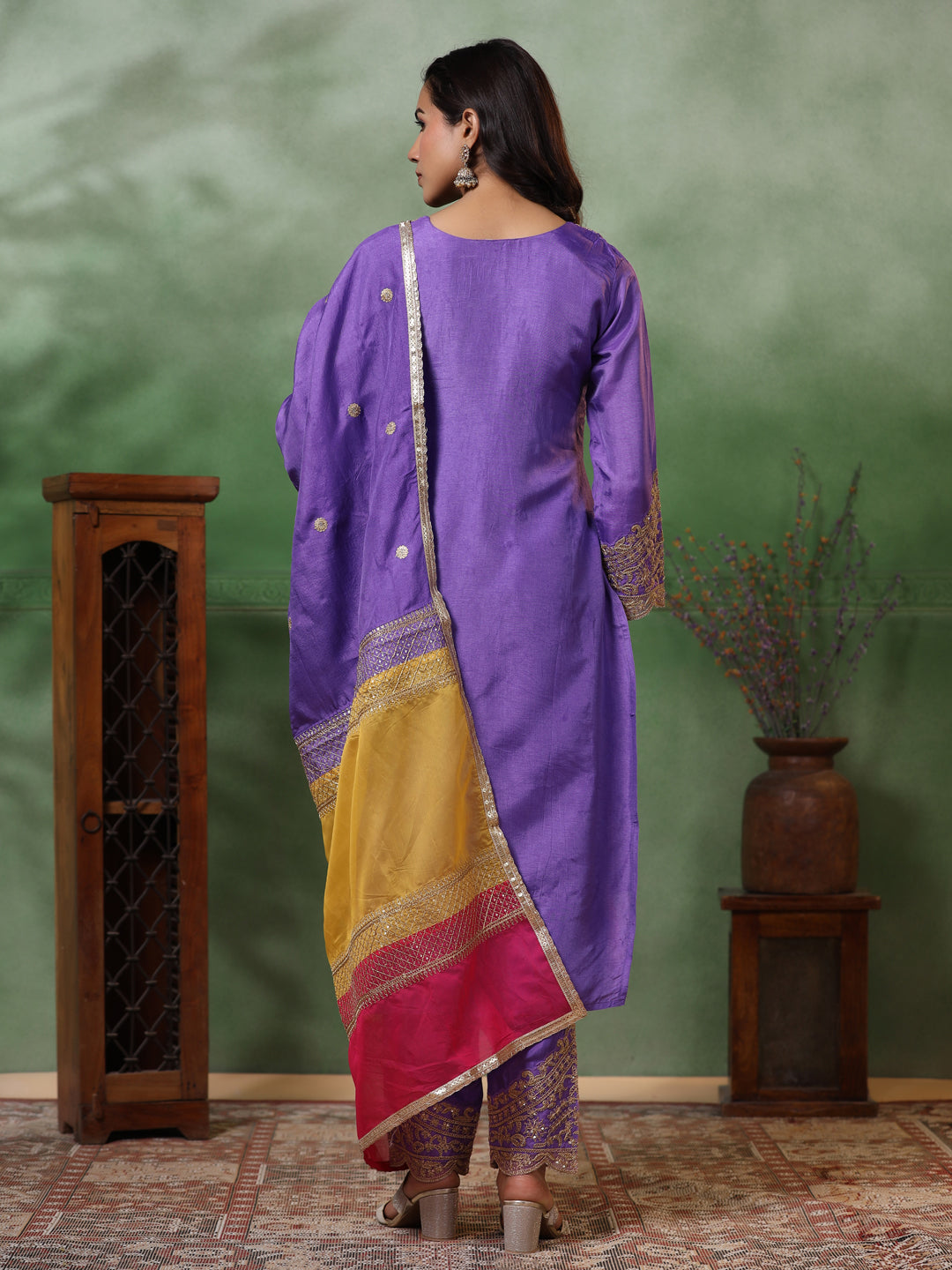 Solid Zari Dori Embroidered Kurta with Pants & Embroidered Patchwork Dupatta - Purple