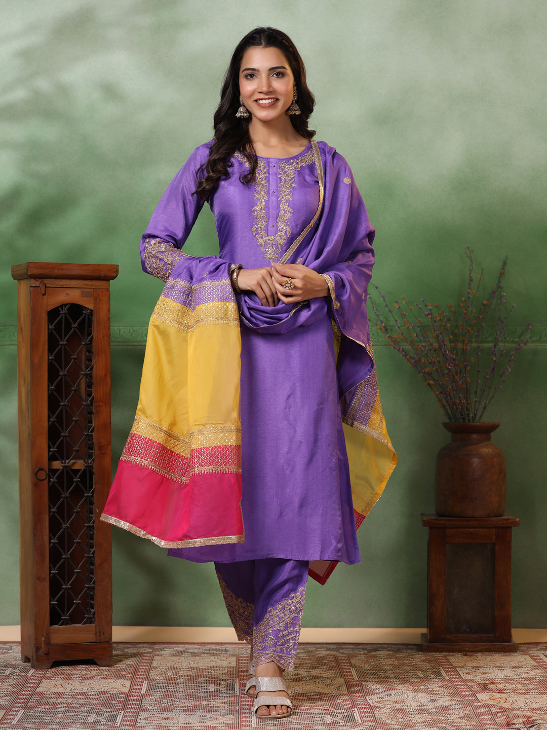 Solid Zari Dori Embroidered Kurta with Pants & Embroidered Patchwork Dupatta - Purple