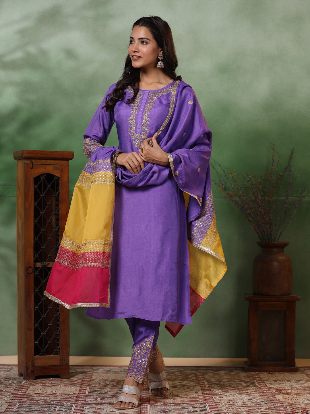 Solid Zari Dori Embroidered Kurta with Pants & Embroidered Patchwork Dupatta - Purple