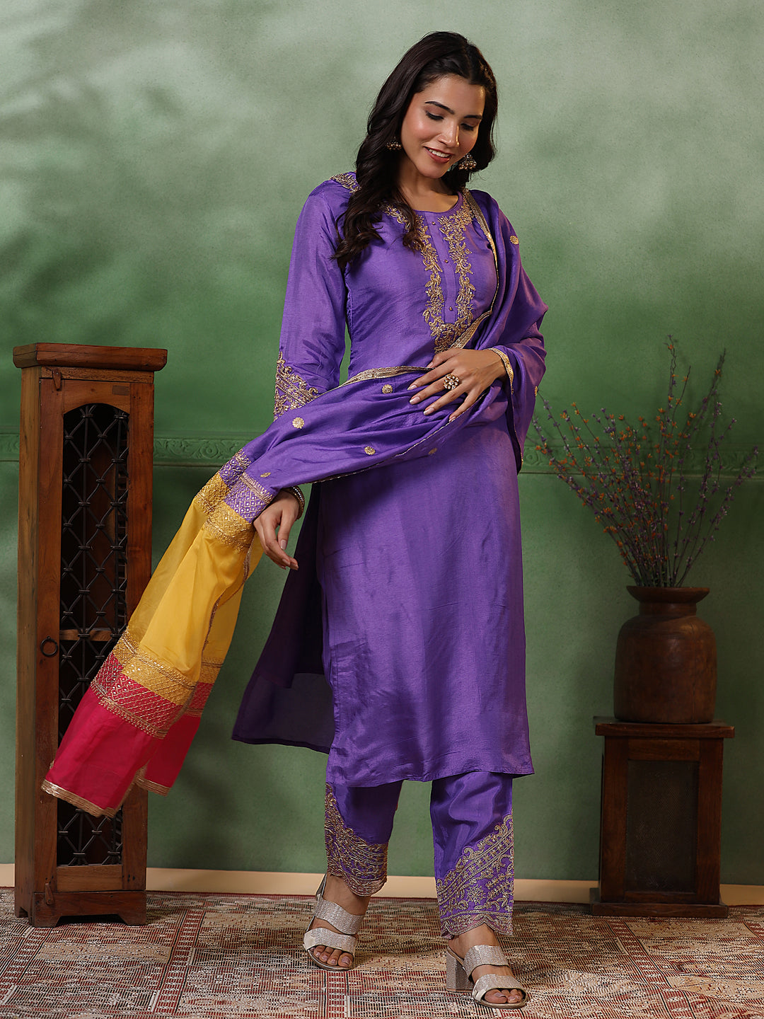 Solid Zari Dori Embroidered Kurta with Pants & Embroidered Patchwork Dupatta - Purple