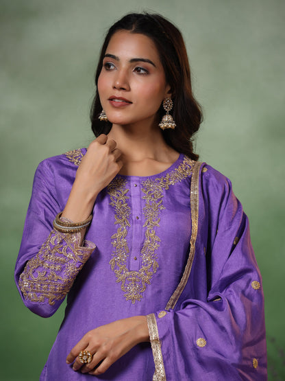 Solid Zari Dori Embroidered Kurta with Pants & Embroidered Patchwork Dupatta - Purple