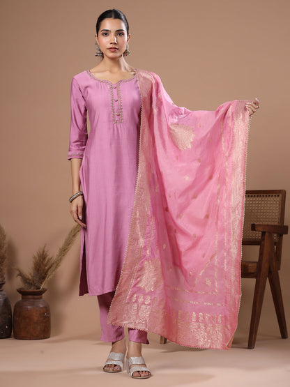 Solid Cutdana Aari Embroidered Kurta with Pants & Woven Zari Jacquard Dupatta - Pink