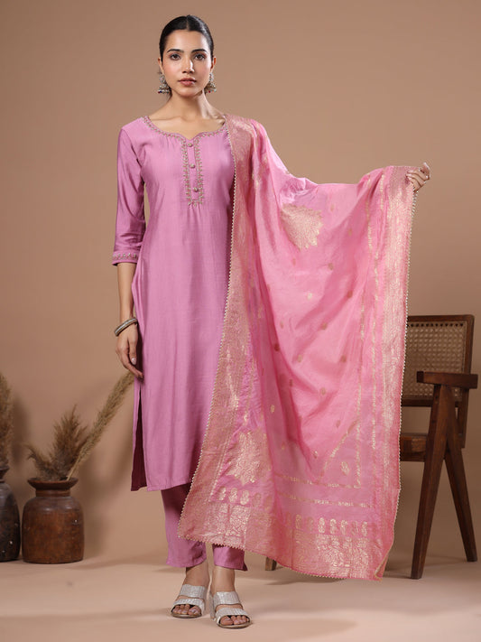 Solid Cutdana Aari Embroidered Kurta with Pants & Woven Zari Jacquard Dupatta - Pink