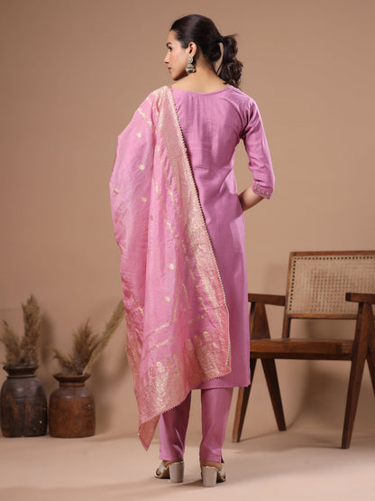 Solid Cutdana Aari Embroidered Kurta with Pants & Woven Zari Jacquard Dupatta - Pink