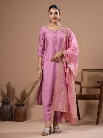 Solid Cutdana Aari Embroidered Kurta with Pants & Woven Zari Jacquard Dupatta - Pink