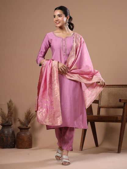 Solid Cutdana Aari Embroidered Kurta with Pants & Woven Zari Jacquard Dupatta - Pink