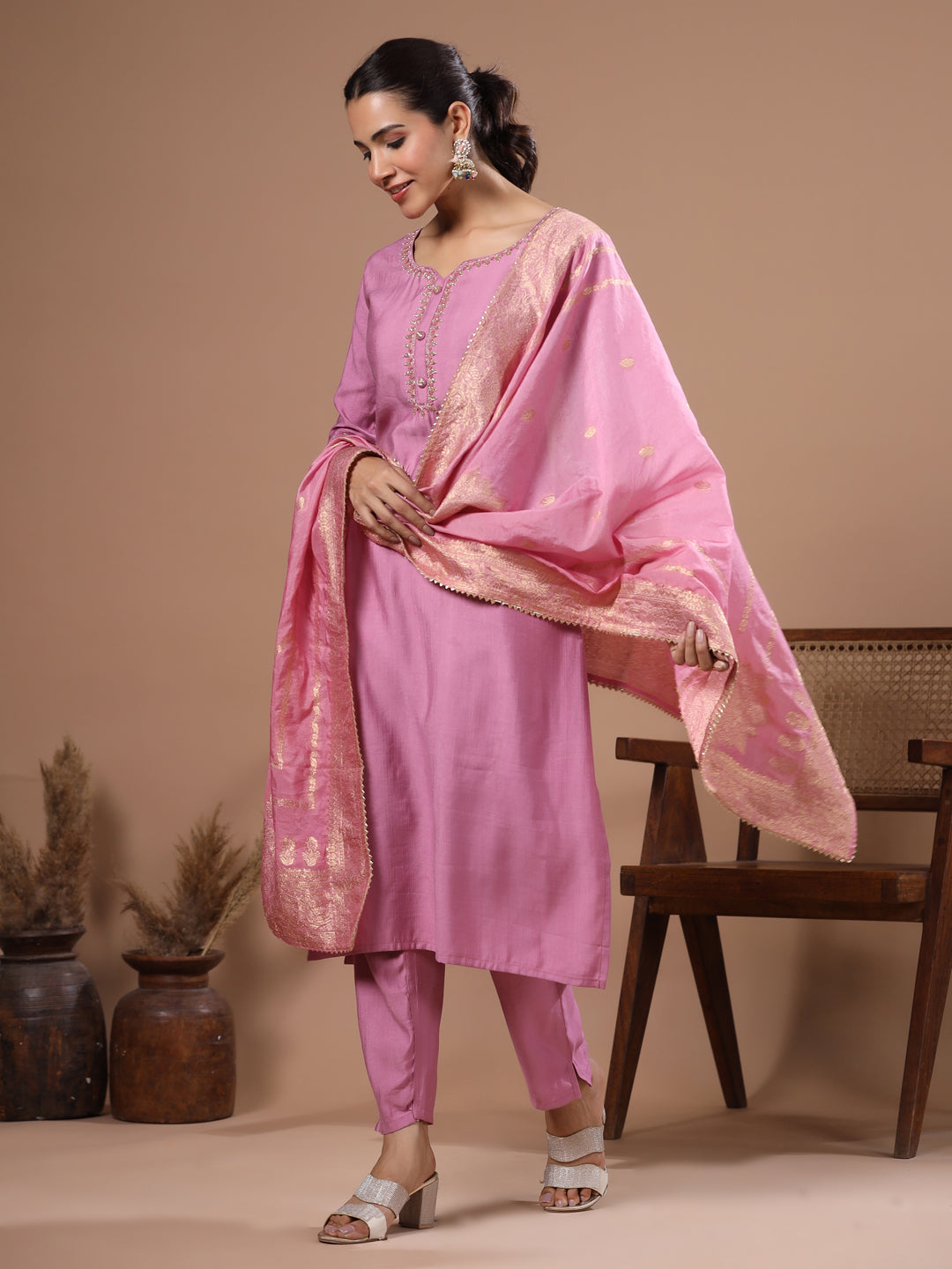 Solid Cutdana Aari Embroidered Kurta with Pants & Woven Zari Jacquard Dupatta - Pink