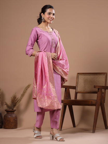 Solid Cutdana Aari Embroidered Kurta with Pants & Woven Zari Jacquard Dupatta - Pink