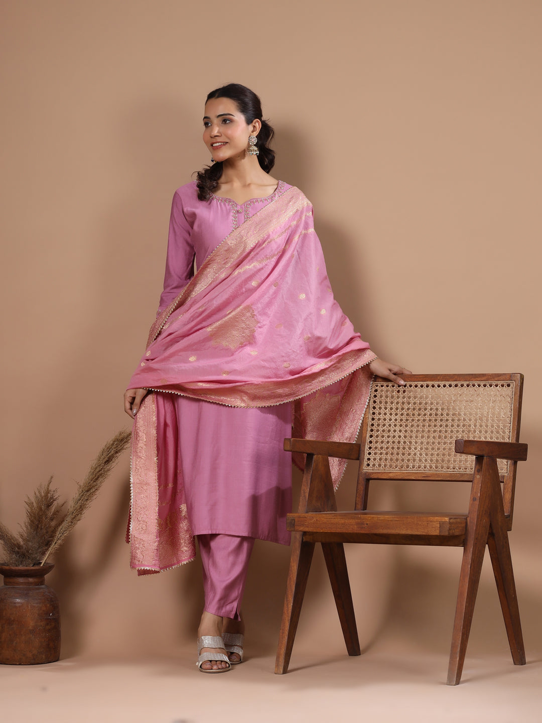 Solid Cutdana Aari Embroidered Kurta with Pants & Woven Zari Jacquard Dupatta - Pink