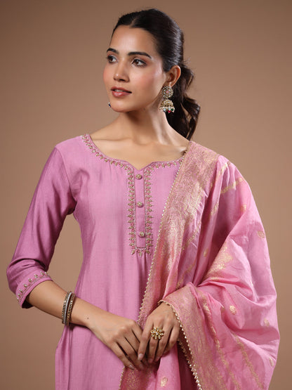 Solid Cutdana Aari Embroidered Kurta with Pants & Woven Zari Jacquard Dupatta - Pink