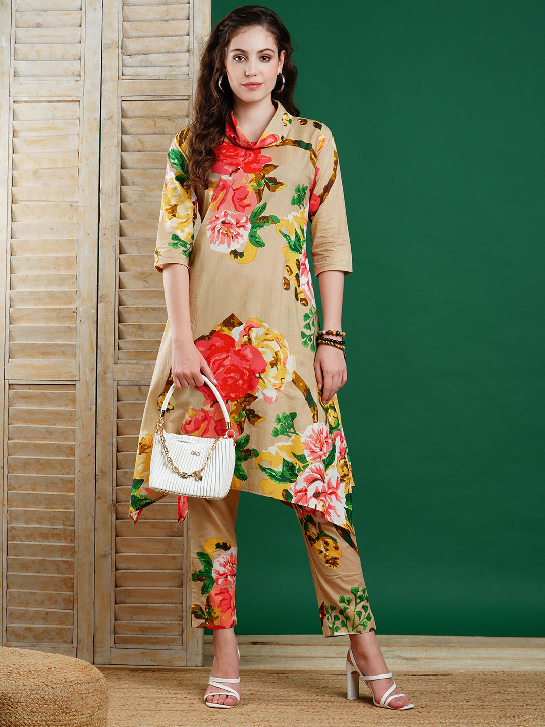 Floral Printed Asymmetric Hem A-line Kurta with Pants Co-ord Set - Beige & Multi