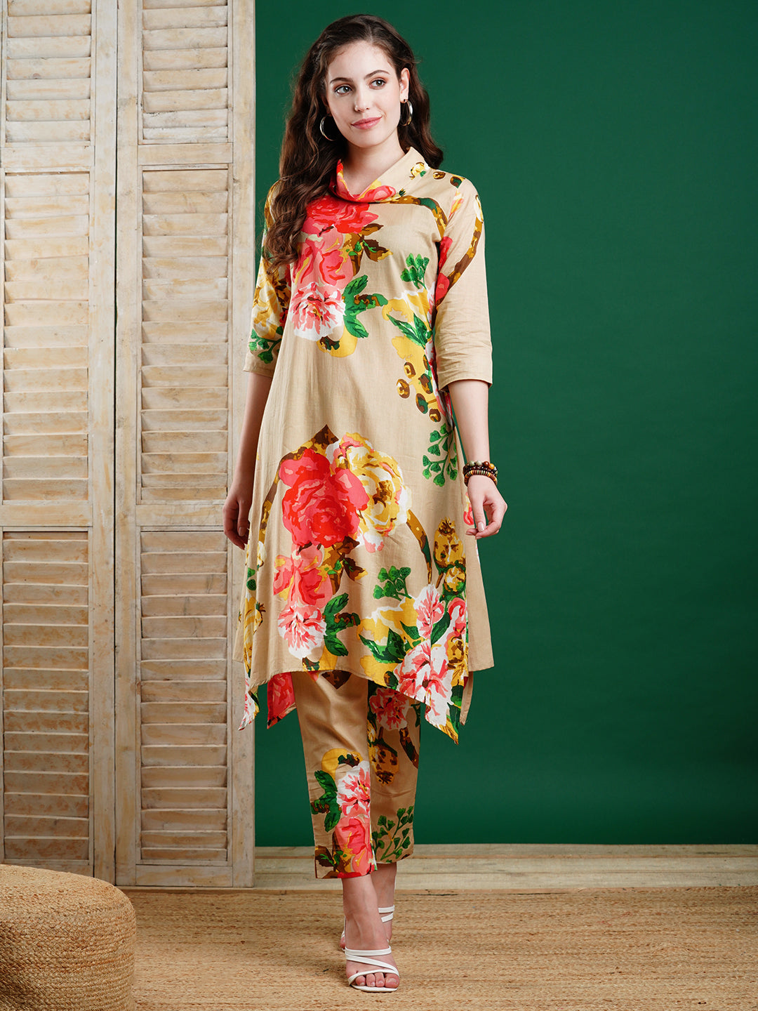 Floral Printed Asymmetric Hem A-line Kurta with Pants Co-ord Set - Beige & Multi