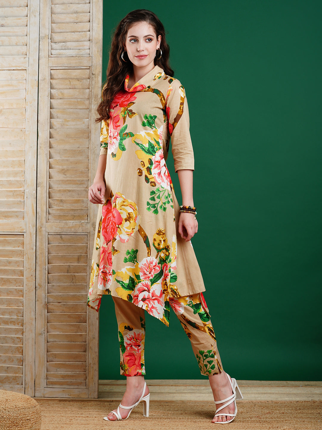 Floral Printed Asymmetric Hem A-line Kurta with Pants Co-ord Set - Beige & Multi