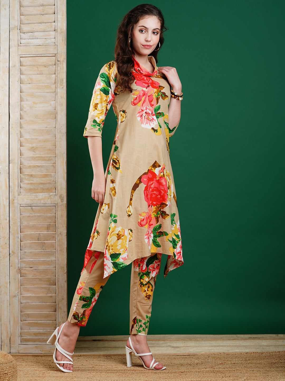 Floral Printed Asymmetric Hem A-line Kurta with Pants Co-ord Set - Beige & Multi