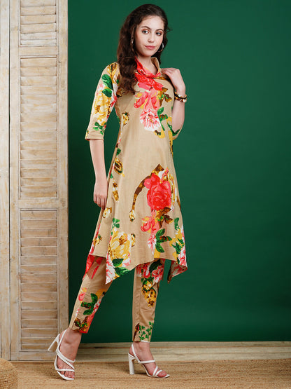 Floral Printed Asymmetric Hem A-line Kurta with Pants Co-ord Set - Beige & Multi