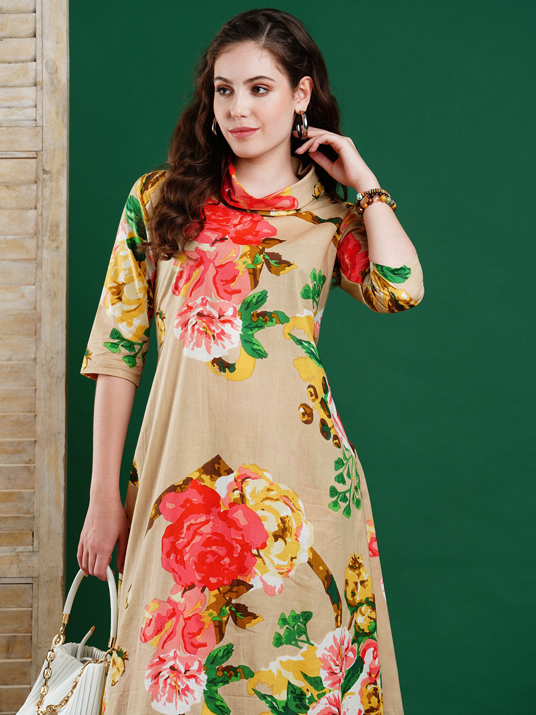 Floral Printed Asymmetric Hem A-line Kurta with Pants Co-ord Set - Beige & Multi