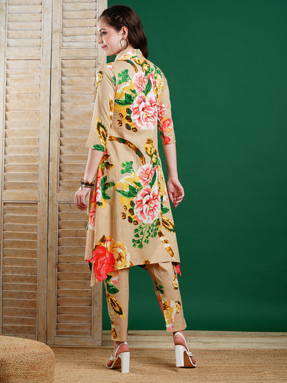 Floral Printed Asymmetric Hem A-line Kurta with Pants Co-ord Set - Beige & Multi