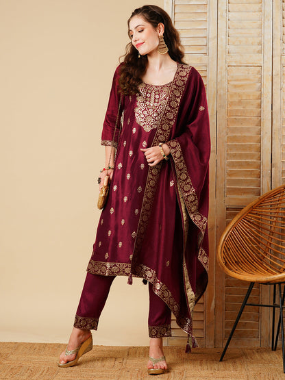 Ethnic Jacquard Woven & Embroidered Kurta with Pant & Dupatta - Maroon