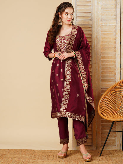 Ethnic Jacquard Woven & Embroidered Kurta with Pant & Dupatta - Maroon