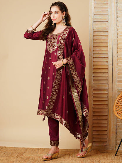 Ethnic Jacquard Woven & Embroidered Kurta with Pant & Dupatta - Maroon