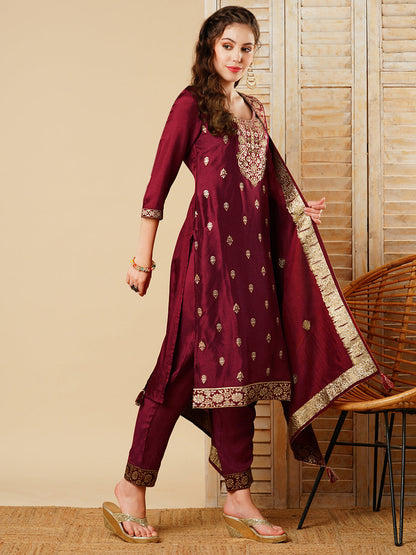 Ethnic Jacquard Woven & Embroidered Kurta with Pant & Dupatta - Maroon