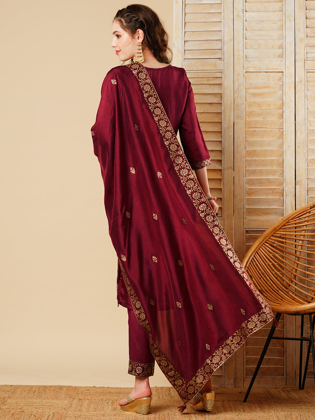 Ethnic Jacquard Woven & Embroidered Kurta with Pant & Dupatta - Maroon