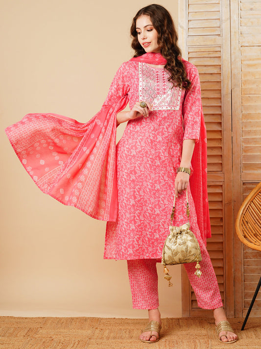 Floral Printed Resham & Sequins Embroidered Kurta with Pants & Dupatta - Pink