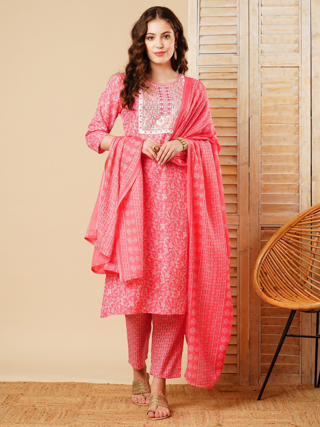 Floral Printed Resham & Sequins Embroidered Kurta with Pants & Dupatta - Pink