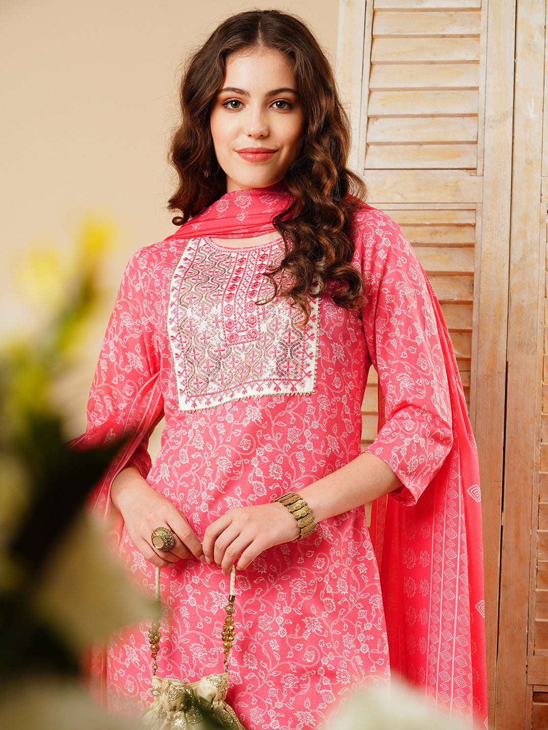 Floral Printed Resham & Sequins Embroidered Kurta with Pants & Dupatta - Pink