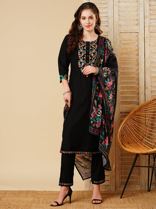 Solid Floral Embroidered Straight Kurta with Pant & Dupatta - Black